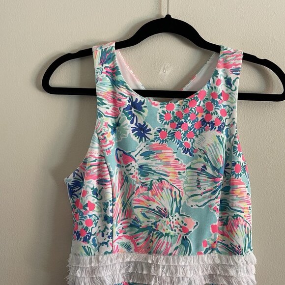 Lilly Pulitzer Sz XS Serene Blue Gypsea Preppy Tropical Arden Fringe Shift Dress - Picture 5 of 12